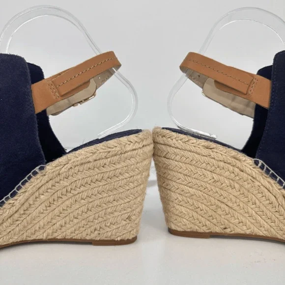 Seychelles Wedges Espadrille Sandals Suede Leather Size 8.5 Navy Blue Coastal Na - Picture 5 of 11